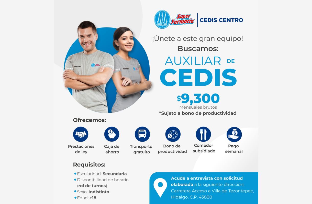 Vacante en CEDIS Farmacias Guadalajara Villa de Tezontepec